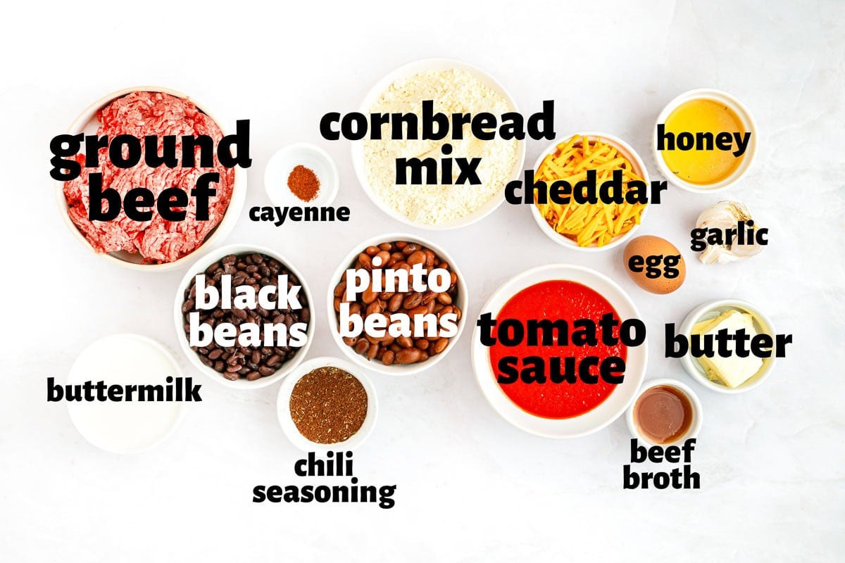 Labeled ingredients to make Chili Cornbread Casserole.