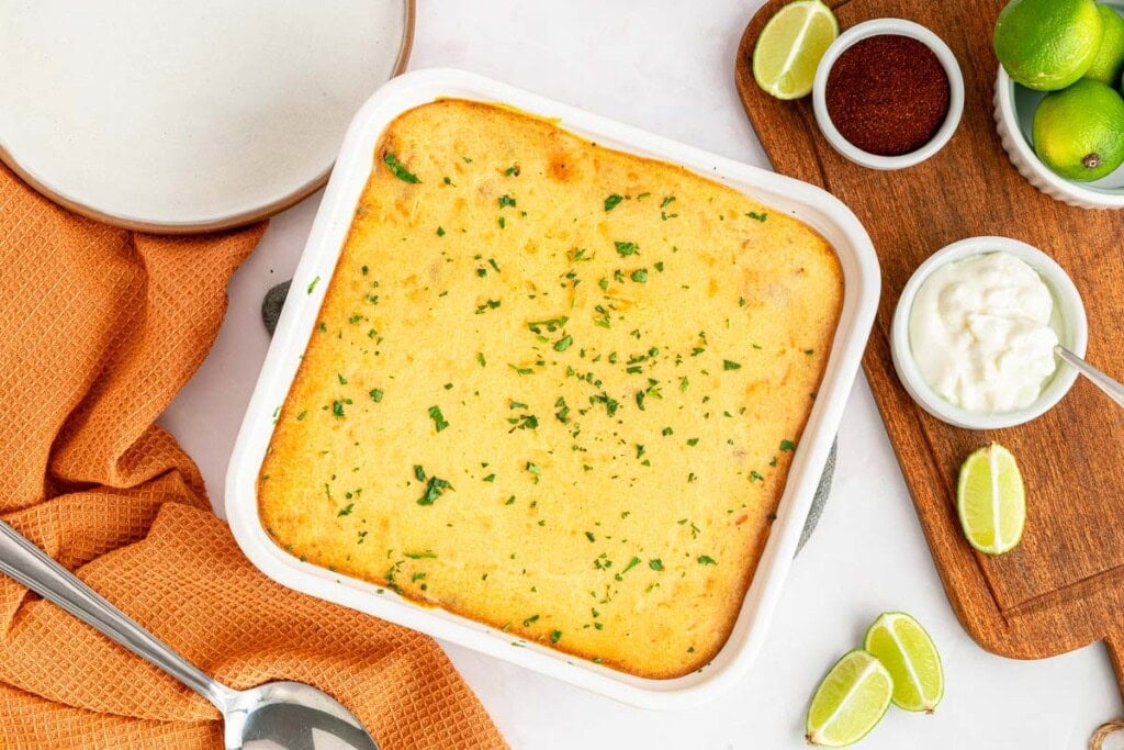 Aerial view of Chili Cornbread Casserole in baking dish.