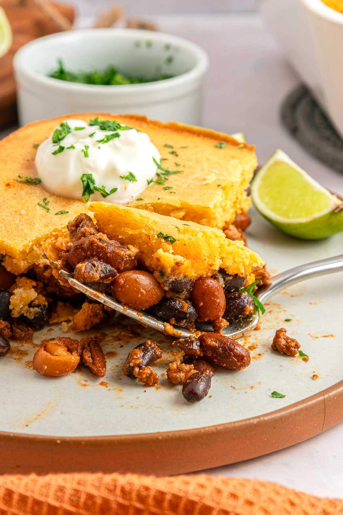 Chili Cornbread Casserole on fork.