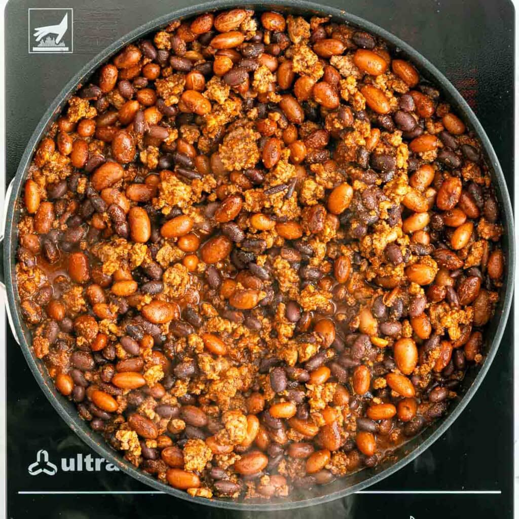 Chili in pan for Chili Cornbread Casserole recipe.