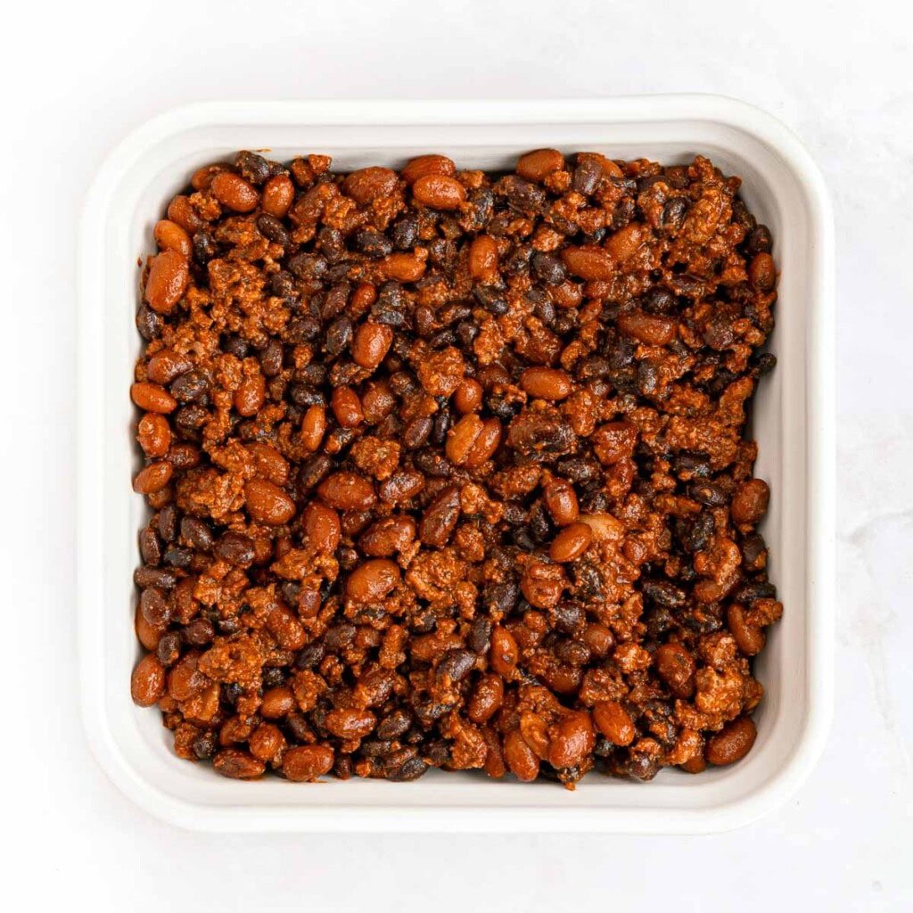 Chili layer in baking dish.