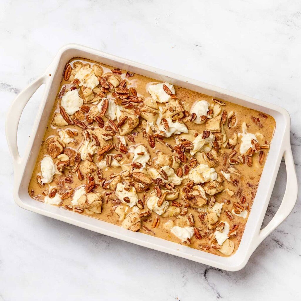 Cinnamon Roll Breakfast Casserole ready for oven.