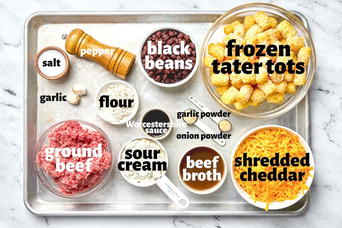 Labeled ingredients to make Cowboy Casserole recipe.