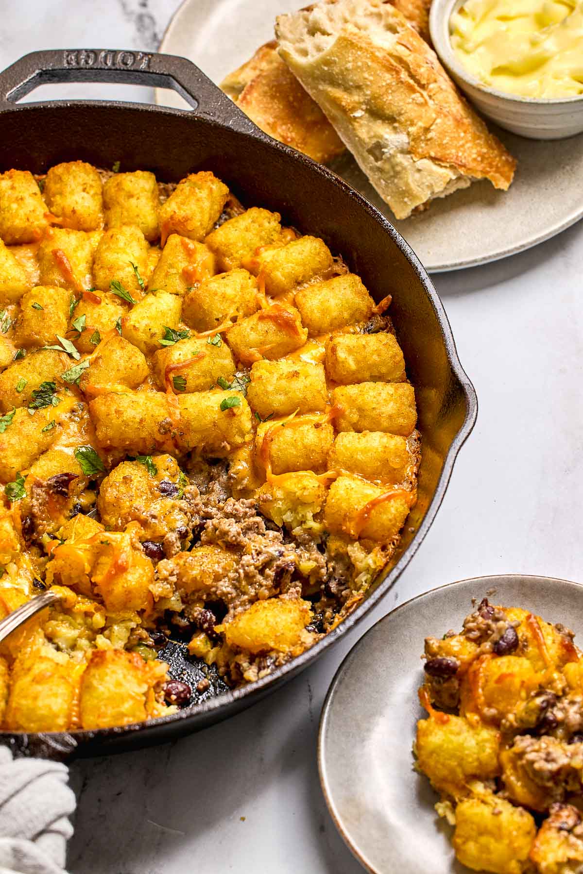 Cowboy Casserole scene with bread on side.