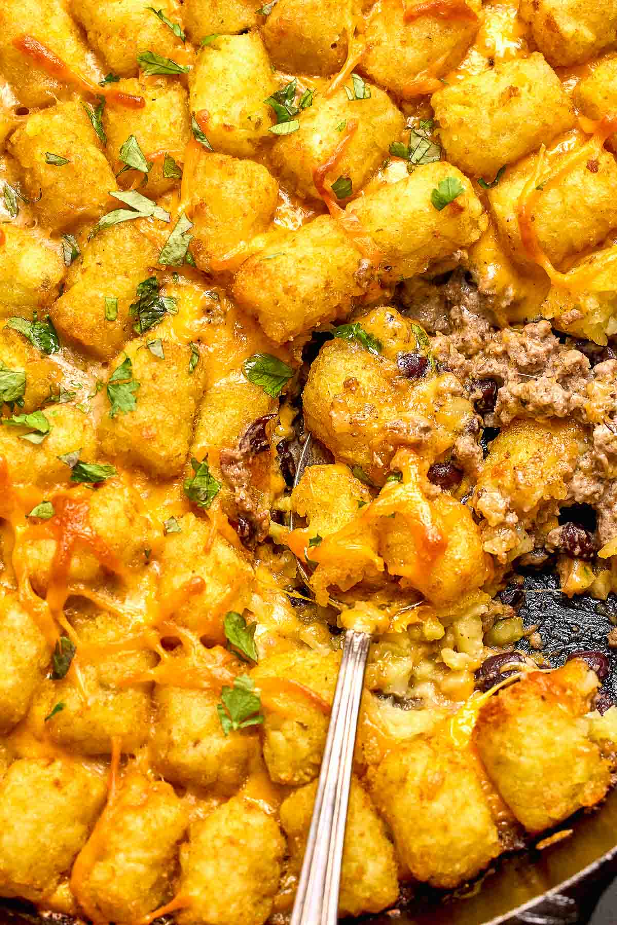 Cowboy Casserole close-up of tater tots.