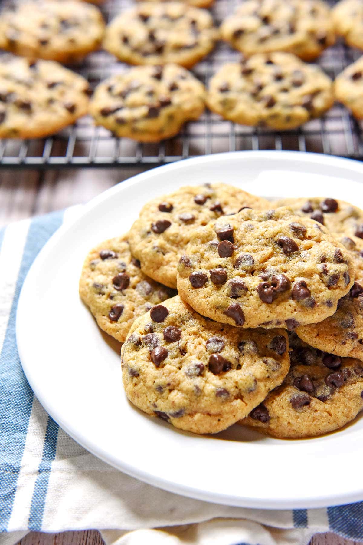 Whole Wheat Chocolate Chip Cookies on plate and rack.