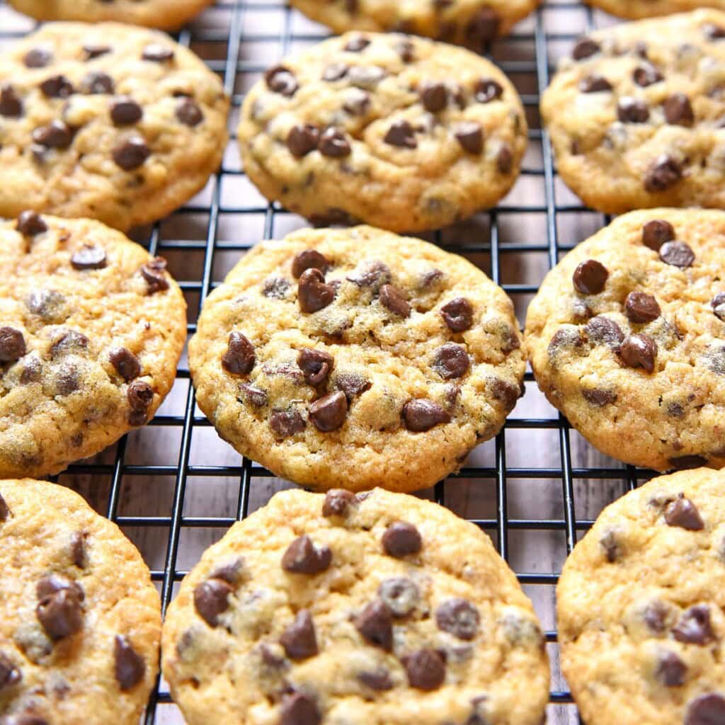 Whole Wheat Chocolate Chip Cookies lined up on cooling rack.