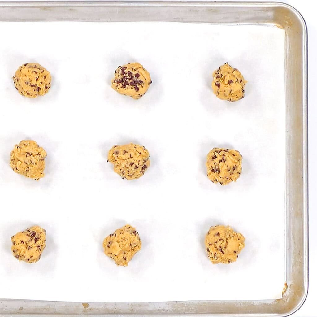 Whole Wheat Chocolate Chip Cookies on pan ready for oven.